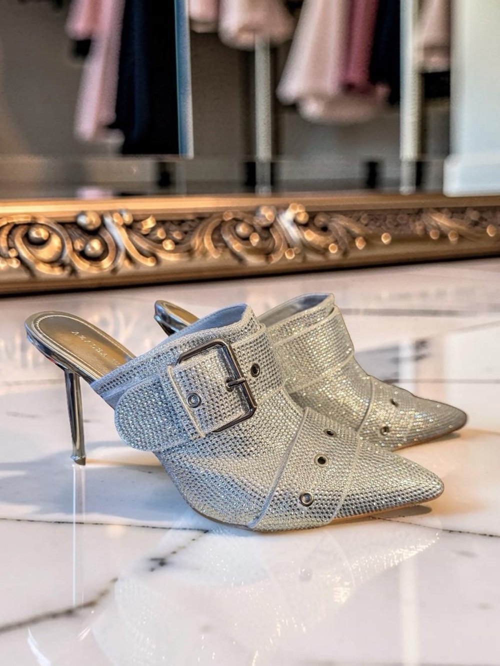 Azalea Wang Akira NWT Sz 10 Crystal-Embellished Sayge Silver Mule Heels (SH387)
